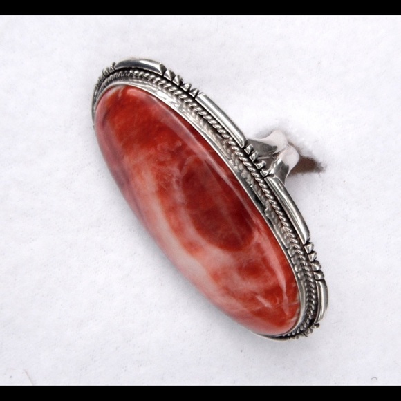 ENORMOUS red Spiny Oyster Silver Statement Ring Navajo Native American size 7 - Picture 6 of 7